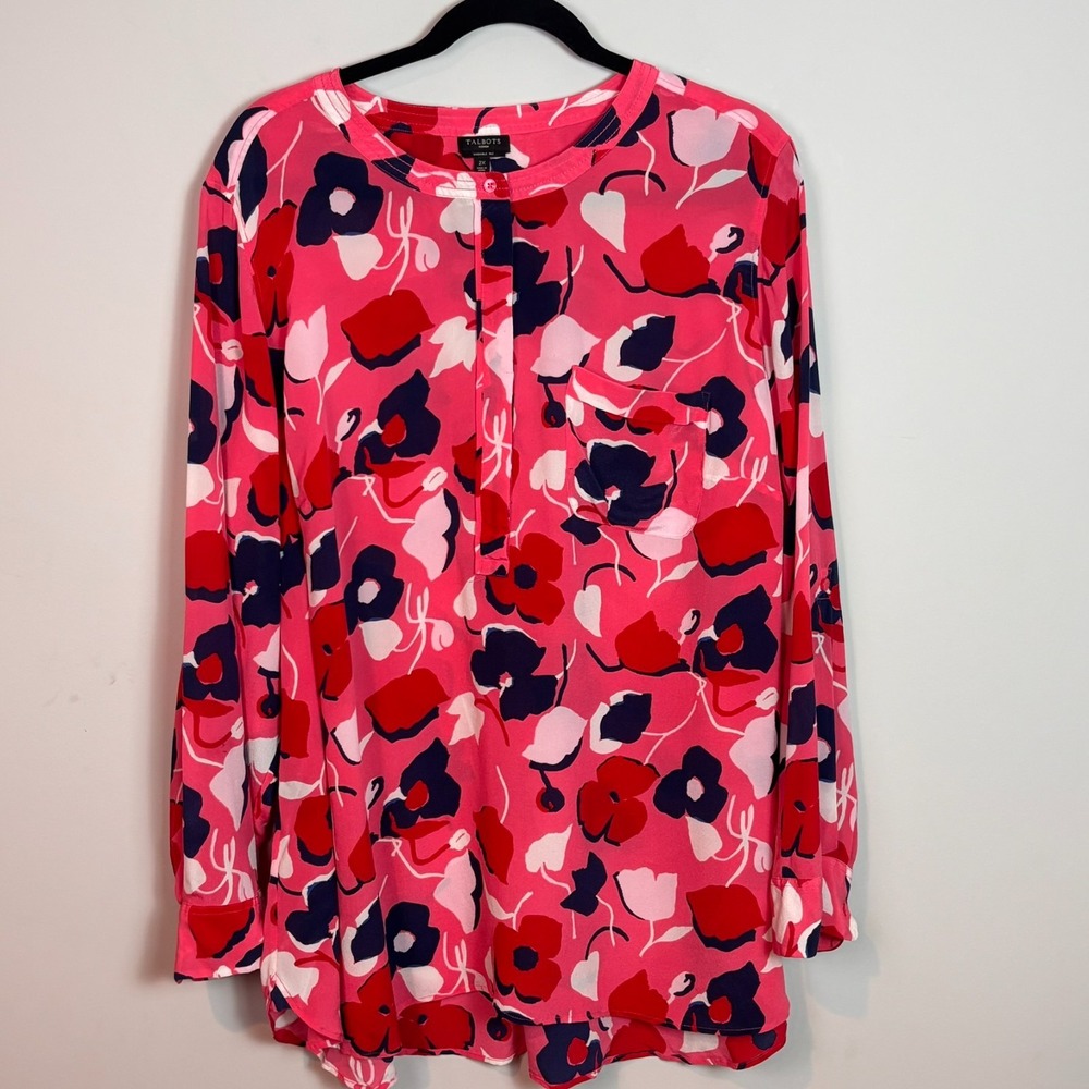 Talbots Womens Pink Floral 100% Washable Silk Long Sleeve Blouse sz 2X Workwear